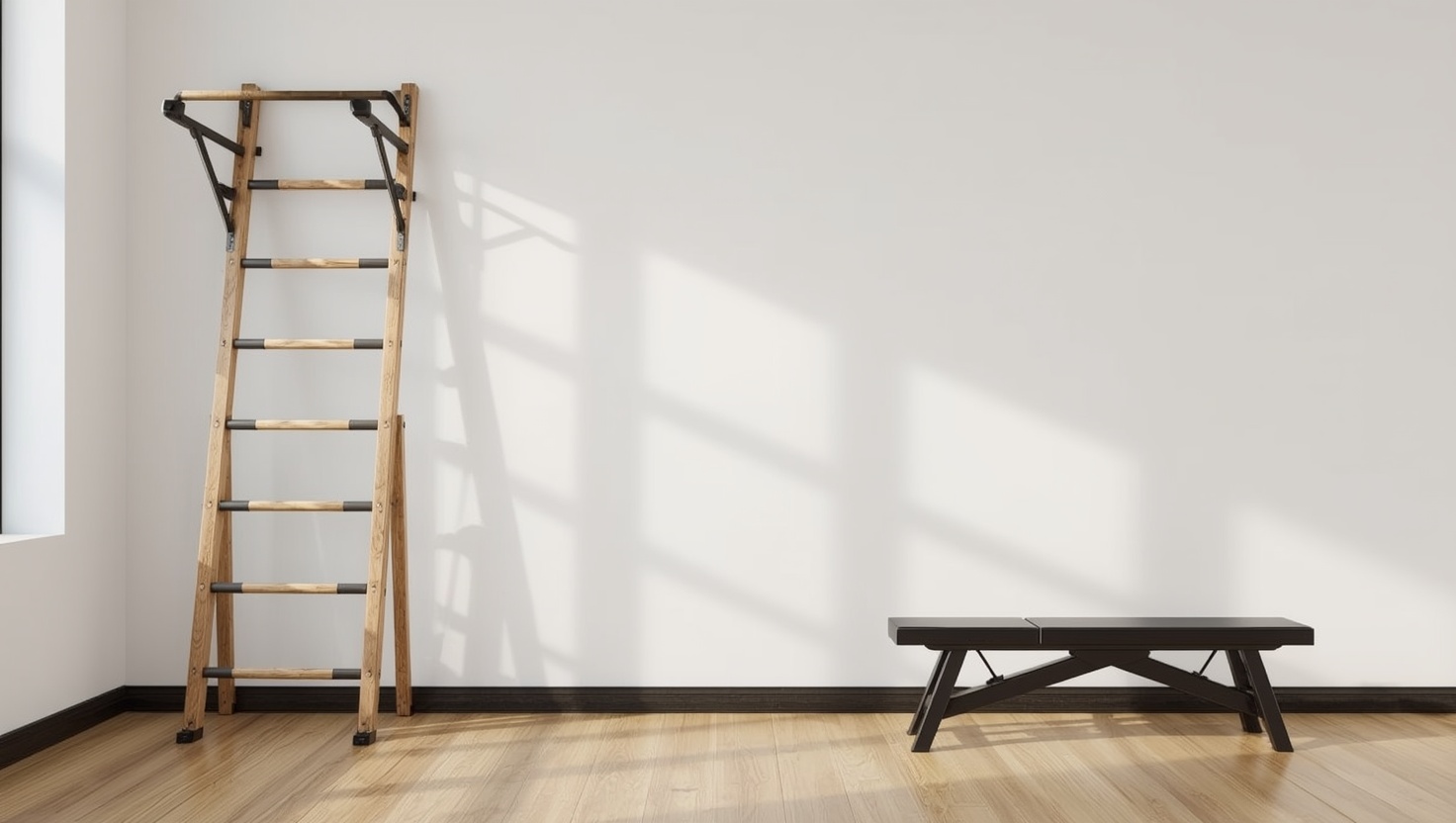 sprossenwand mit dip station klimmzugstange und bank